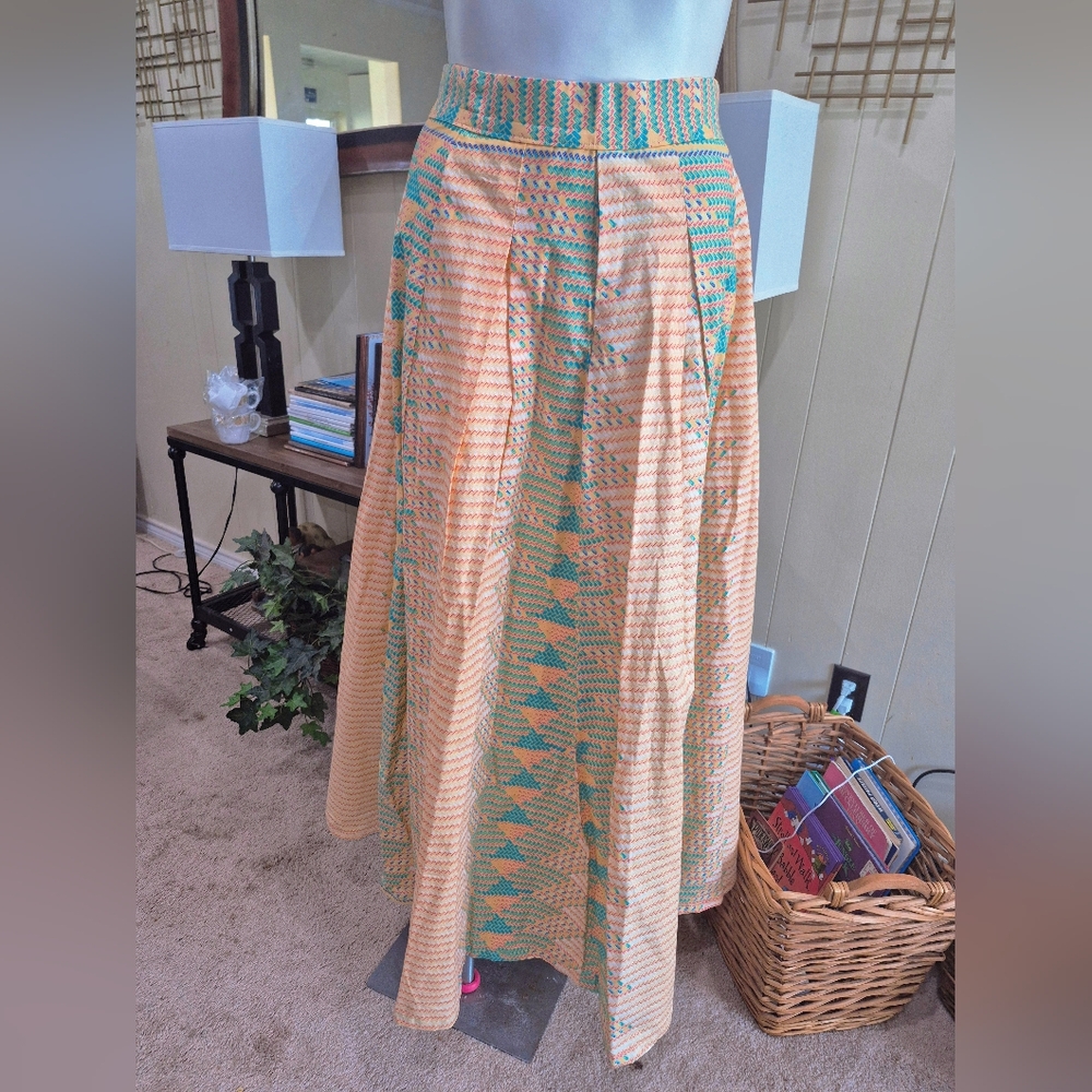 Peach and Teal Pleated Long A-line Skirt Modest Aztec Southwest Print - Picture 4 of 13